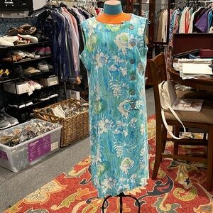 60/70 dress in coral blue, midi sleeveless dress with buttons by colonial lady